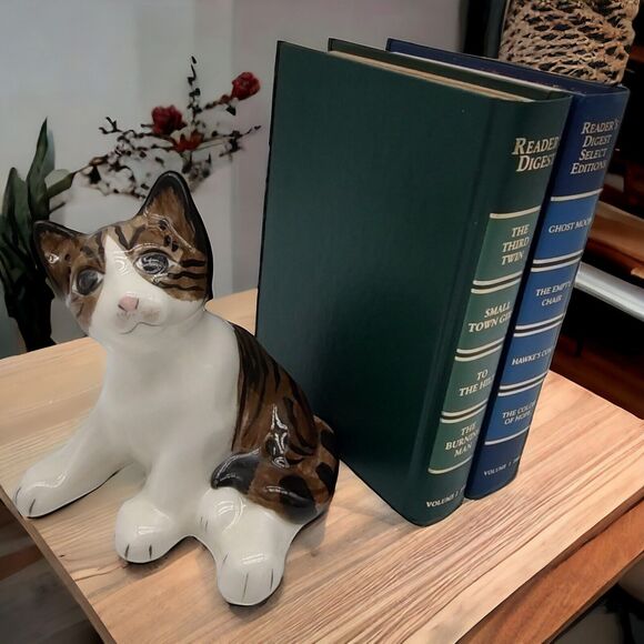 Artist Glazed Studio Art Crackle Heavy Ceramic Sitting Striped Tabby Cat Bookend - Picture 2 of 13
